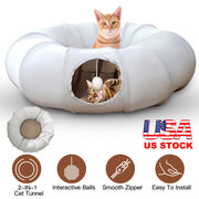 Indoor Cat Tunnel Bed with Interactive Hanging Ball Circle Cat Tunnel Cooling Fabric Central Soft Mat Flexible Design Foldable Tunnel for Cats Puppy