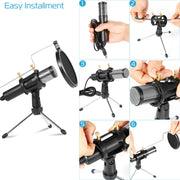 Professional Condenser Microphone Studio Recording Cardioid Microphone w/180¡ Tripods Pop Filter USB Plug for Podcasting Gaming Chatting