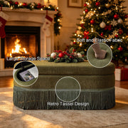 Oval Upholstered Storage Ottoman with Fringe Trim, 39.4"