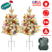 2Pcs Battery Powered Lighted Christmas Tree Urn Filler With Light Artificial Xmas Trees Light with Berries Balls LED Pathway Pine Tree IP44 Waterproof