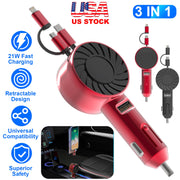 21W 3 In 1 Retractable Car Charger Fast Car Charger Mini Car Phone Charger with USB Port Type-C Cable LT & Micro Cable Fit For IOS Phone 15/14/13 And