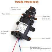 12V Water Pump with 2 Hose Clamps 130PSI Self Priming Sprayer Pump 70W Electric Diaphragm Water Pump 6L/Min for RV Camper Marine Boat