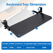 25.59x9.64x0.51in Keyboard Mouse Tray Under Desk Retractable Slide Out Drawer Height Adjustable with C Clamp 55LBS Load