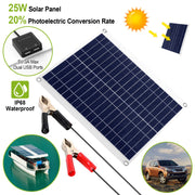 Outdoor Solar Panel 12V 25W Car Battery Charger IP68 Waterproof w/ 3.0A Dual USB Charging Clip Line For RV Car Boat