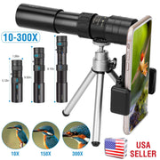 10X-300X Zoom Monocular Telescope High Definition Phone Telephoto Lens w/ Phone Holder Clamp Tripod For Hunting Hiking Sightseeing