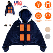 Wearable Heated Throw Blanket Double-Sided Flannel Portable Electric Heating Hoodie For Women's Men Machine Washable 3 Heating Levels Battery Operated