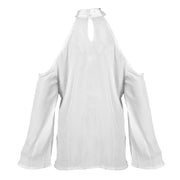Women\'s Sexy Off The Shoulder Blouses Cold Shoulder Tops V-Neck Long Sleeve T-Shirt Solid Color Summer