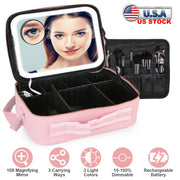 Travel Makeup Bag with LED Mirror Makeup Case Organizer with 3 Light Colors Adjustable Dividers Brush Holder Magnifying Mirror Shoulder Strap Luggage