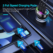 90W 3 Ports Fast Charge Car Charger QC3.0 PD3.0 USB Type-C LT Car Cigarette Lighter with Colorful Light Fit for IOS Phone iPad Samsung Goggle Pixel