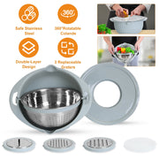 Multifunctional Mixing Bowl with Lid Set 3 Replaceable Graters Food Strainer and Colander Fruit Vegetable Washing Basket Stainless Steel