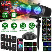 2 In 1 Holiday Projector Light Projection Lamp Indoor Outdoor with 10-Color Ocean Wave 10 HD Slides 3 Bases Remote Control for New Year Valentine\'s D