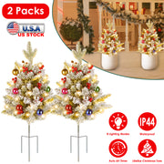 2Pcs Battery Powered Lighted Christmas Tree Urn Filler With Light Artificial Xmas Trees Light with Berries Balls LED Pathway Pine Tree IP44 Waterproof