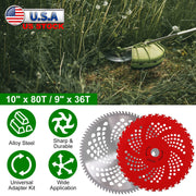 10" x 80T 9" x 36T Carbide Tip Brush Cutter Blades with Universal Adapter Kit Alloy Steel Blades Compatible with Brush Cutter Trimmer Weed Eater