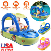 Baby Inflatable Pool Float Car Shaped Toddler Swimming Float Boat Pool Toy Infant Swim Ring Pool with Sun Protection Canopy for 1-3 Year-Old Kids Infa