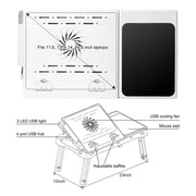 Foldable Laptop Table Bed Notebook Desk w/Cooling Fan Mouse Board LED light 4 x USB Ports Breakfast Snacking Tray with Storage Groove For Home Office