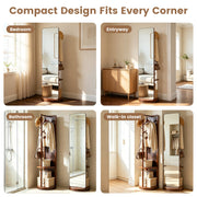 Full Length Rotating Mirror with Coat Rack & Storage Shelf