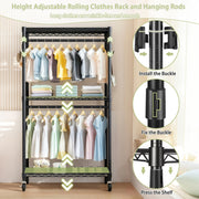 Rolling Clothes Rack with 3 Shelves, 2 Rods & Wheels