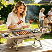 Foldable Charcoal Grill with Storage Shelf and 10 Skewers