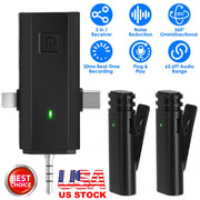 2 Pack 3 in 1 Wireless Clip On Microphone Omnidirectional Mic Noise Reduction Plug and Play 65.6FT Transmission Type-C IOS PC Video Record Interview V
