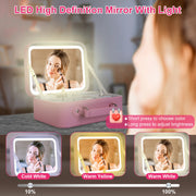 Travel Makeup Bag With 3 Light Colors Dimmable Brightness LED Mirror Detachable 10X Magnifying Mirror Adjustable Dividers Portable Waterproof Cosmetic