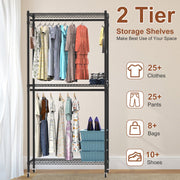 2 Tier Clothing Rack With Cover Portable Wardrobe Closet Covered Garment Rack with 4 Wheels 2 Hanging Rods 2 Hook Racks 35.43x17.13x72.44in