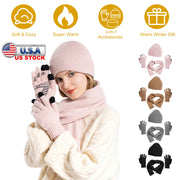 Winter Knitted Hat Scarf Gloves 3Pcs Winter Warm Beanie and Touch Screen Gloves Long Neck Scarf Set Knit Beanie Skull Cap Neck Warmer Anti-Slip Mitten