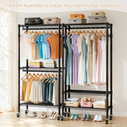 Rolling Clothes Rack with 3 Shelves, 2 Rods & Wheels