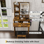 Vanity Desk with Lighted Mirror, Stool & Power Station