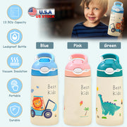 13.5Oz Insulated Stainless Steel Water Bottle Leak-proof Bottle for Kids with Straw Push Button Lock Switch Sports Water Bottle for Toddlers Boys Girl