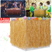 Grass Table Skirt Hawaiian Luau Party Decorations Supplies w/Hibiscus for Buffet BBQ Tiki Bar Beach Birthday Party Use