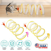 2Pcs Foldable Cat Tunnel with Bell Feather Mouse Toys Collapsible Indoor Cat Spring Tube with Interactive Toy for Kittens Cats
