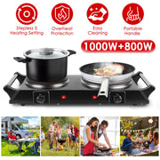 1800W Electric Double Burner Portable Heating Hot Plate Stove Countertop RV Hotplate with 5 Temperature Stepless Adjustments Portable Handles