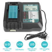 Rapid Charger Replacement Fit for Makita 14.4-18V Battery BL1860 BL1830 BL1850 withLCD Display USB Port