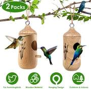 2 Packs Humming Bird Houses for Outside Wooden Hanging Bird Nest Feeder Hand Patio Garden Craft Ornament Decoration