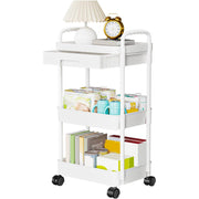 3 Tier Rolling Utility Cart Movable Storage Organizer with Drawer Lockable Wheels 360 Degree Rotatable Hallow Design for Bedroom Bathroom Kitchen