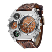 MenÕs Quartz Watch Two Time Zone Big Face Military Style Compass Thermometer Decorative Dial PU Leather Strap