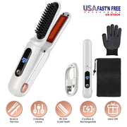 2 In 1 Ceramic Hair Straightener Flat Iron Cordless Hair Straightener Brush Hair Portable Styling Iron with Carry Bag Anti-scald Gloves 2 Hairpins