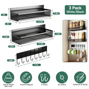 3 Pack Strong Magnetic Spice Rack with 8 Hooks Fridge Oven Microwave Magnetic Storage Shelves Seasoning Holder Organizer for Jars Seasoning Tins Utens