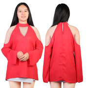 Women\'s Sexy Off The Shoulder Blouses Cold Shoulder Tops V-Neck Long Sleeve T-Shirt Solid Color Summer