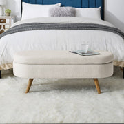 Oval Storage Ottoman Bench, Upholstered Storage Bench with Rubberwood Legs, Multifunctional Entryway Bench for Bedroom L