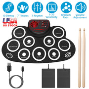 10 Pads Electric Drum Set Foldable 10-Drum SiliconÊDrum Kit Foldable Electronic Drum Pad Machine with Drum Sticks Headphone Jack Speaker Battery Dual-