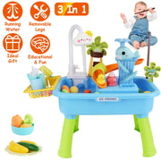 3 In 1 Kitchen Sink Toy with Electric Faucet Water Table Fishing Game Role Play Sink Set Indoor Outdoor for Kids Aged 3+ Years Old