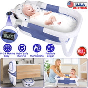 Baby Bath Tub with Thermometer Collapsible Travel-Friendly 0-24Months Baby Bathtub with Drain Hole For Newborn Infant Toddler Odorless Non-Toxic Folda