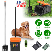 Pooper Scooper Kit Dog Poop Rake & Swiveling Bin Poop Heavy Duty Pick Up Tool with Extra Long Handle 35 Waste Bags Dispenser