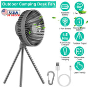 Portable Camping Fan Rechargeable Battery Powered Foldable Tripod Fan for Tent with Hanging Hook Carabiner Personal Desk Fan with 3 Speed Setting for
