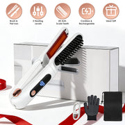 2 In 1 Ceramic Hair Straightener Flat Iron Cordless Hair Straightener Brush Hair Portable Styling Iron with Carry Bag Anti-scald Gloves 2 Hairpins