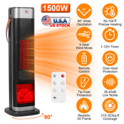 1500W Oscillating Ceramic Tower Space Heater with 3D Flame Portable Electric Heater with 3 Wind Modes 59-104℉Heating Remote Control 12H Timer Overheat