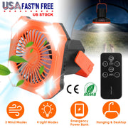 Portable Camping Lantern Fan 10000mAh Battery Powered Hanging Fan USB Rechargeable Tent Fan with 4 Light Modes 3 Wind Modes Emergency Power Bank Remot