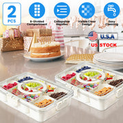 2Pcs Divided Serving Tray 8 Compartments Snack Box Charcuterie Container Clear Snack Platter Organizer Storage Box with Lid Handle for Candy Nuts Cook