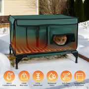 Waterproof Heated Cat House Outdoor Weatherproof Insulated Kitty Shelter Feral Cat Heating Bed with Heating Pad Anti-Chew Cord 2 Doors 3 Windows for I